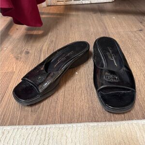 Salvatore Ferragamo • Patent Leather Mule Slip On Sandals • Black • 9